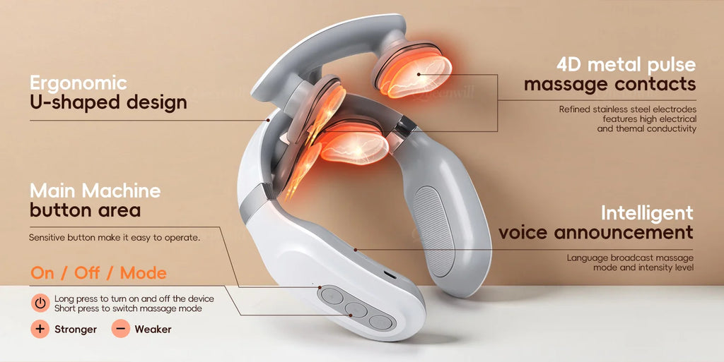 Smart Neck and Shoulder Massager-4 Massager pads,6 modes and 16 levels,Portable Cordless USB Charging Gift for Men & Women