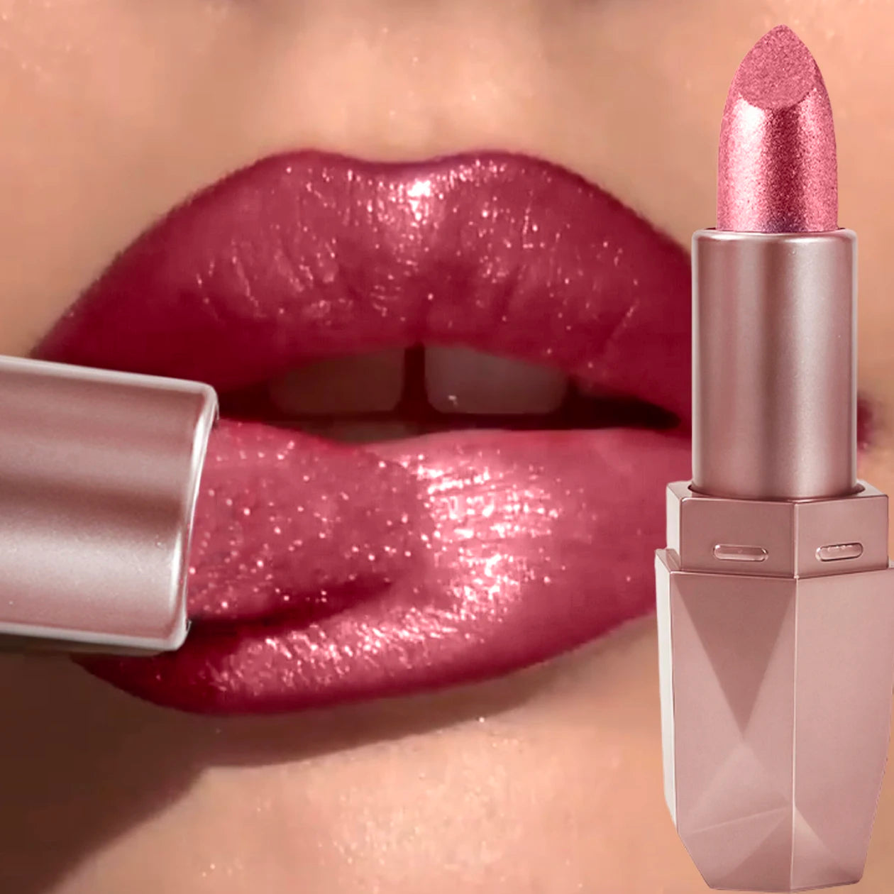 Polygon Metallic Lipstick Longlasting Glitter Orange Red Lip Glaze Waterproof Moisturize Luminous Shimmer Shiny Lipgloss Makeup