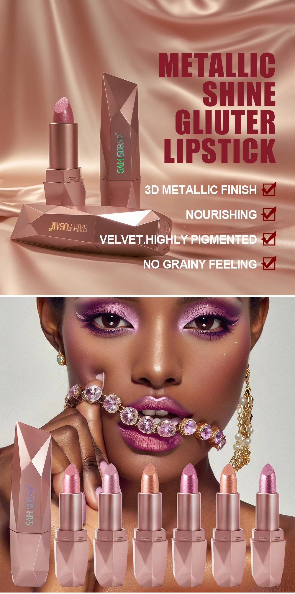 Polygon Metallic Lipstick Longlasting Glitter Orange Red Lip Glaze Waterproof Moisturize Luminous Shimmer Shiny Lipgloss Makeup